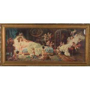   Lithograph Framed Woman Angels Venus Cupid Paper