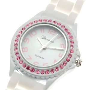 NEW Geneva WHITE SILICONE RUBBER JELLY WATCH with PINK CRYSTALS  