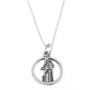  Sterling Silver Golf Clubs and Bag Cut Out Disc Necklace Jewelry