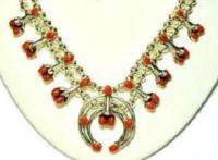   Navajo Sterling & Red Coral Squash Blossom Choker Necklace Set  