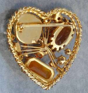 Vintage KRAMER Citrine Glass & AB Rhinestone Heart Shaped Brooch Made 