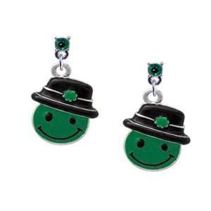   Good Luck Smiley Face Emerald Swarovski Post Charm Earrings [Jewelry