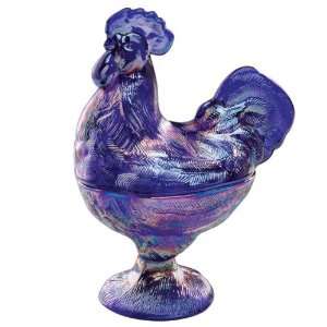  Carnival Blue Glass Rooster Candy Dish