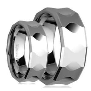 Tungsten Carbide His (8mm) & Hers (6mm) Faceted Shiny Polished Wedding 