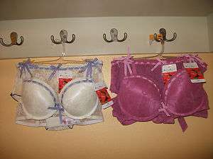 NEW BERRY PERRY JOANN LACE PUSH UP BRA AND THONG SET, WHITE & PINK 