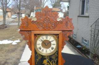   Victorian Oak Parlor Shelf Mantle Clock Original Painted Glass  