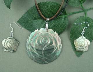 black shell carved rose pendant necklace earrings 1 set  