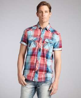 Projek Raw red, plum and blue plaid cotton chambray short sleeve camp 