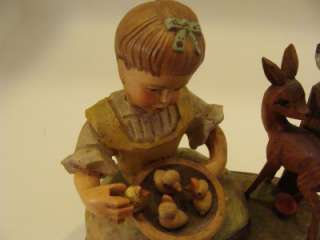 Vintage ANRI Wood Carved Girl w/ Deer, Bird, Chicks  