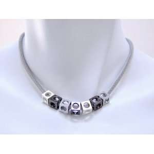 Multi Bead Necklace with Rhodium Mesh Strand and Rhodium, Silver, and 