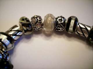 European Style Charm Bracelet Black Cream Silver Murano Glass Bead 