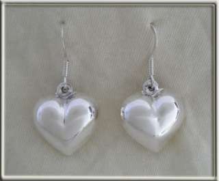 Sterling Silver, Drop 15mm Puffed Love Heart Earrings  