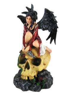 Gothic Skull Sitting Raven Winged Fairy Statue Figure  