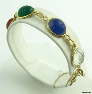 c1940s Egyptian Revival Scarab Gemstone 6.5  Womens Bracelet   14k 
