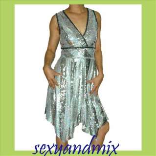 neck front, adorable silver sequins allover the dress, striped and 