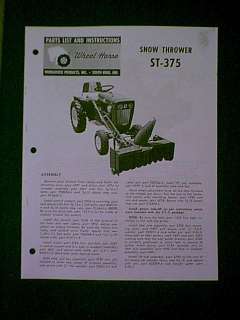 WHEEL HORSE TRACTOR SNOW THROWER ST 375 MANUAL  