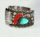 OLD PAWN Navajo Signed LEO THOMAS ♥ TURQUOISE CORAL Sterling Cuff 