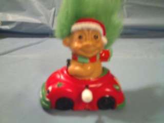 RUSS TROLL DOLL WITH CHRISTMAS CAP HAT IN RED & GREEN WIND UP CAR TOY 