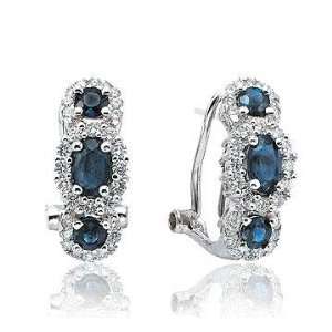   Carat 14k Diamond Blue Sapphire 3 Stone Oval Vintage Huggie Earrings
